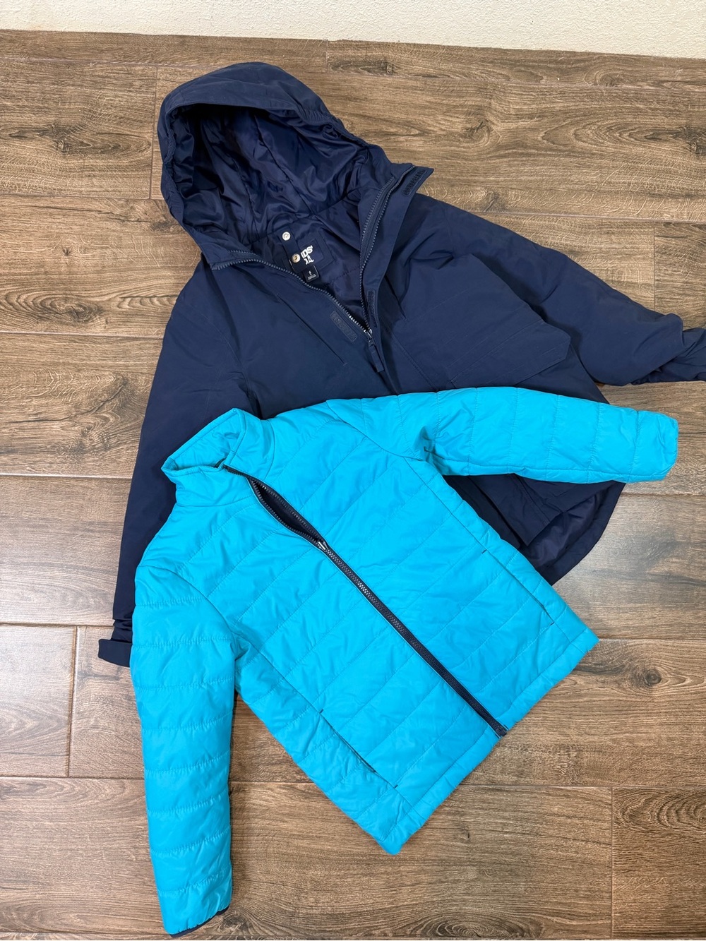 Lands end Kids Lightweight Packable Teal Jacket & Navy Hooded Coat Set size 8